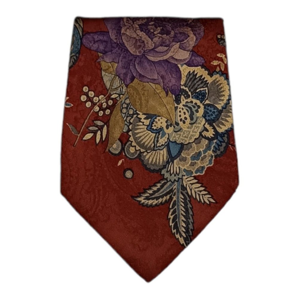 LEONARD PARIS Brown Floral Silk Tie ITALY 56"/ 3.7" EC
